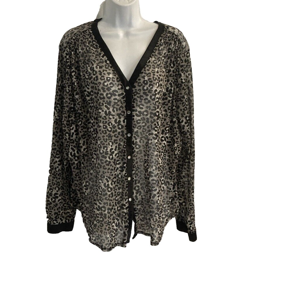 International Concepts INC Long Sleeve Sheer Leopard Print Top Plus 3X Button Up